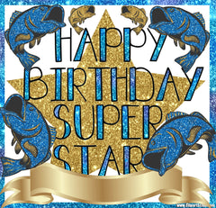 Happy Birthday Super Star Blue Gold Facebook Greeting Card #2 with FISH & Banner