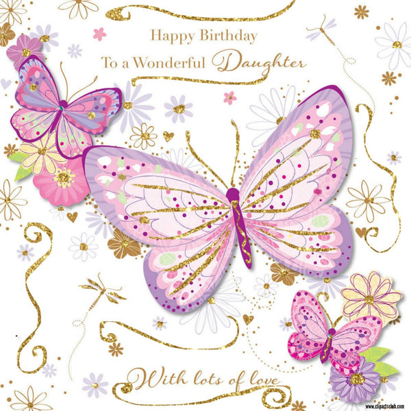 Happy Birthday Face Book Greeting Card - "Daughter" in Pink & Gold Butterflies