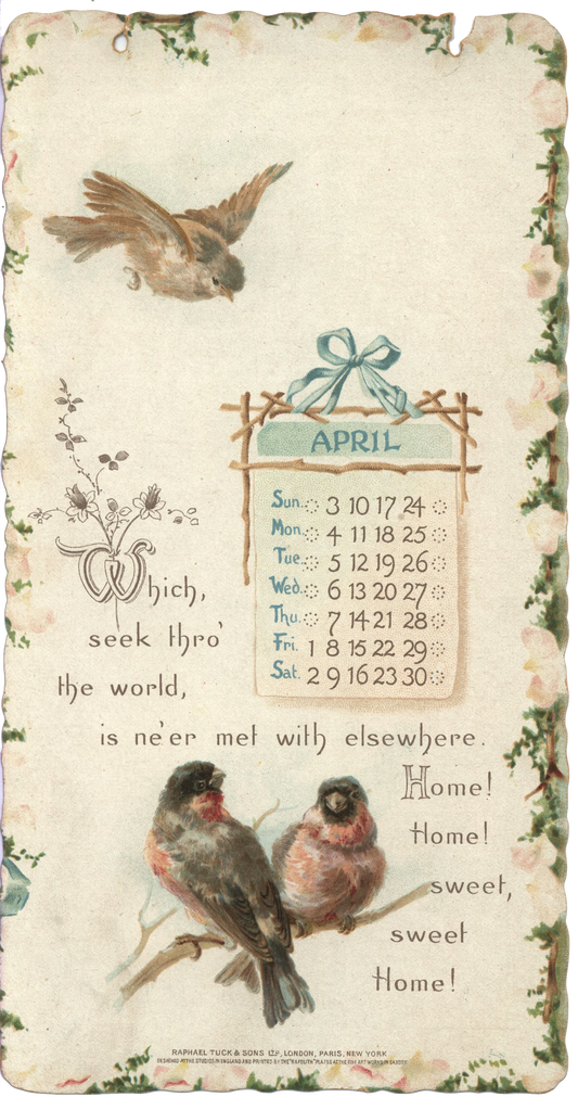 Home Sweet Home 1898 April Beautiful Calendar Page Ephemera