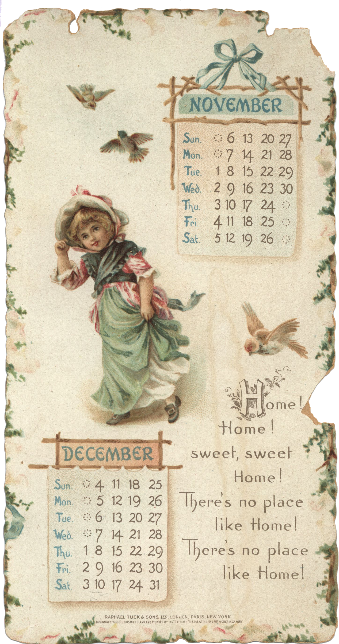 Home Sweet Home 1898 November & December Beautiful Calendar Page Ephemera
