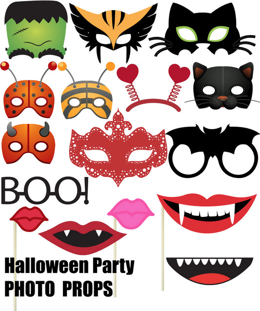 Halloween Party Photo Props - Masks - Lips - Fangs - Dracula - Frankenstein - Cats Glasses