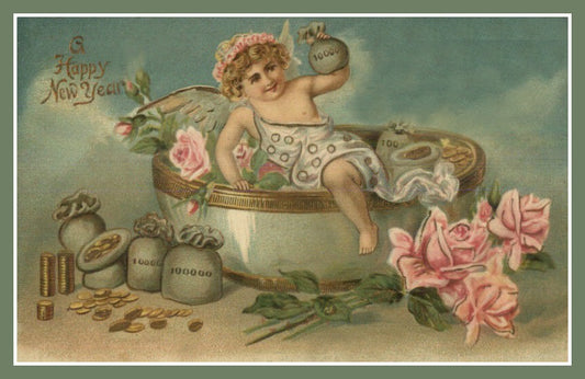 Happy New Year Cherub with Pink Roses & Lucky Money Bags Vintage Postcard