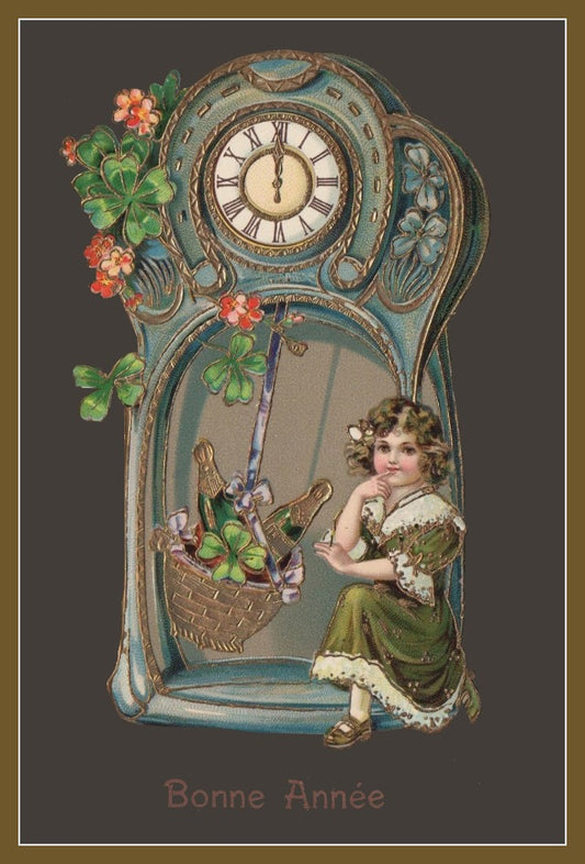Happy New Year Clock Champagne & Little Girl - Vintage Postcard - French