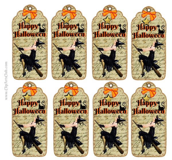 Beautiful Witch on her Broom Halloween Tags