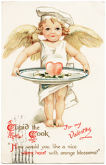Vintage Postcard Cupid The Cook Serving his Heart up for love