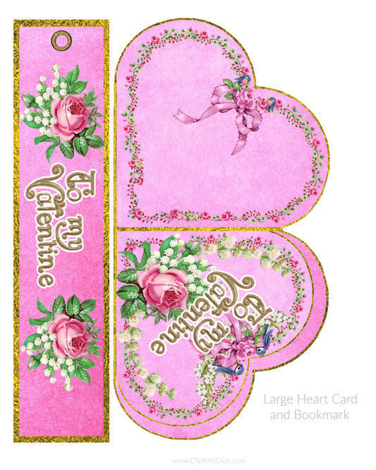 Beautiful Valentine Shabby Chic Pink Vintage Rose, Blue Birds Valentine Hearts Large Card & Bookmark printable