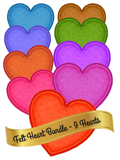 Heart Stitched Felt Bundle - 9 Felt Hearts