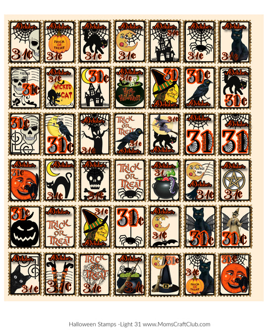 Halloween Postage Stamp Printable Collage Sheet - Cream