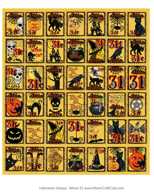 Halloween Postage Stamps Collage Sheet Printable Golden Yellow