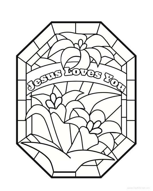 Jesus Loves You Stained Glass Lillies Printable To Color