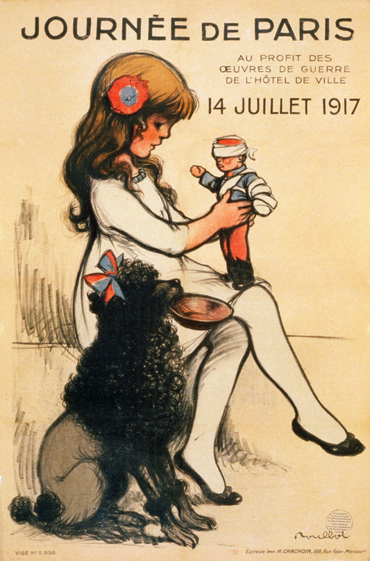 1917 French Ephemera - "Journey De Paris" Little girl, Doll & Poodle