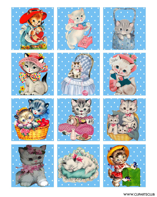 Kitty Cats - Vintage Kittens Collage Sheet on Blue Polkadots