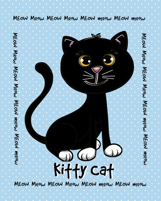 Black Kitty Cat on Blue Polkadots Print 8X10 Ready To Frame!