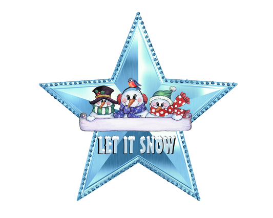 "Let it Snow" Blue Shiny Silvery Star with Snowmen with banner to Personalize