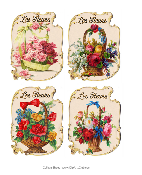 Les Fleurs Vintage Basket of Flowers Collage Sheet Printable #1