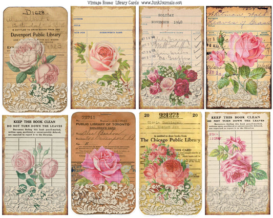 Beautiful Vintage Roses Library Cards Printable Ephemera for Junk Journals