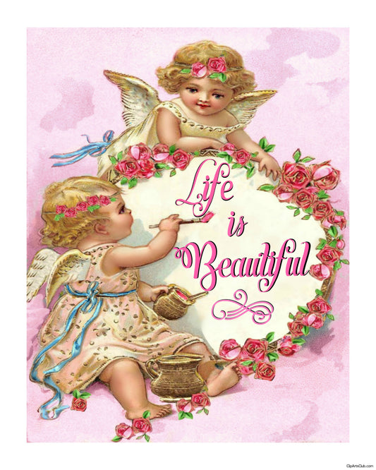 Life is Beautiful Cherubs Painting 8x10 Print. Pink also in Blue