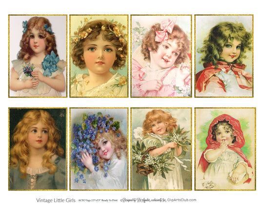 Vintage Little Girls #1 Beautiful Printable ACEO ATC Cards Collage Sheet