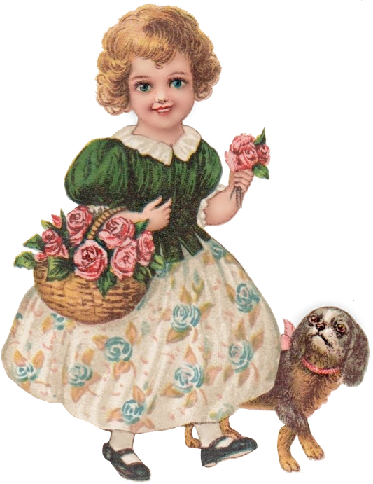 Vintage Little Girl with a basket of roses walking her dog