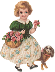Vintage Little Girl with a basket of roses walking her dog