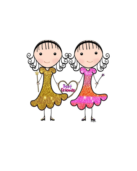 "Best Friends"  Lola & Lulu Stick Figure Girls & Sisters 8X10 Print