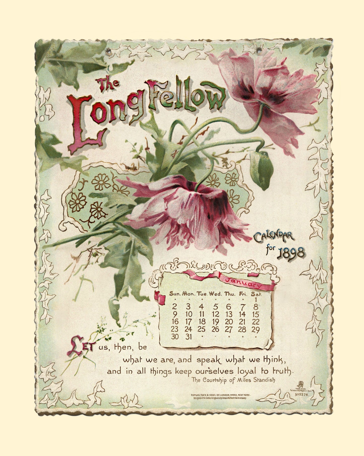 Beautiful Longfellow 8x10 Print ready to frame - Antique January Calendar Page