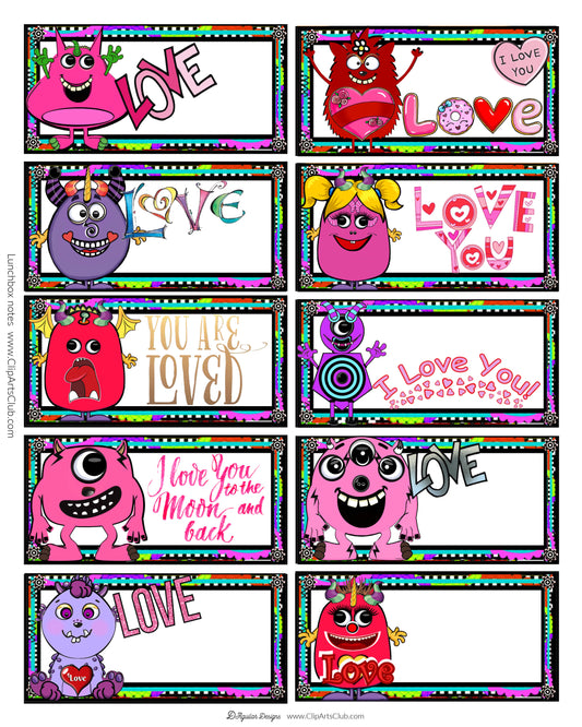 You are LOVED! Kids lunchbox note cards with adorable monsters for GIRLS