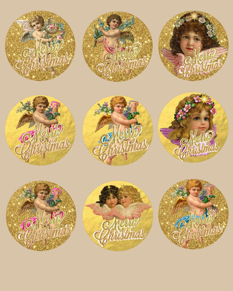 Merry Christmas Labels Collage Page #3 - Gold Glitter  & Gold Foil  - 9 gorgeous Vintage Angels