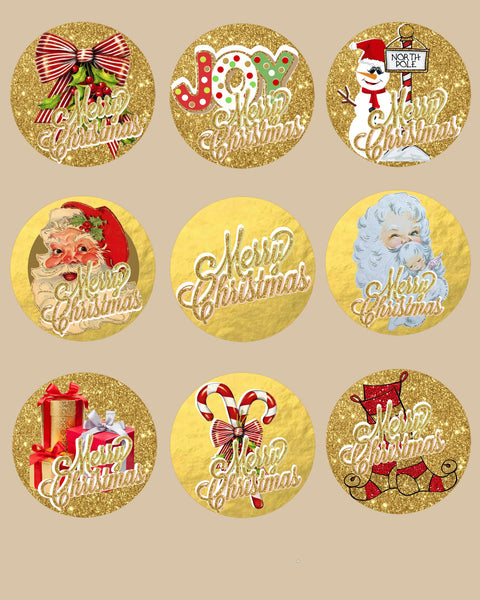 Merry Christmas Labels Collage Page #4 - Gold Glitter  & Gold Foil  - 9 Beautiful Labels