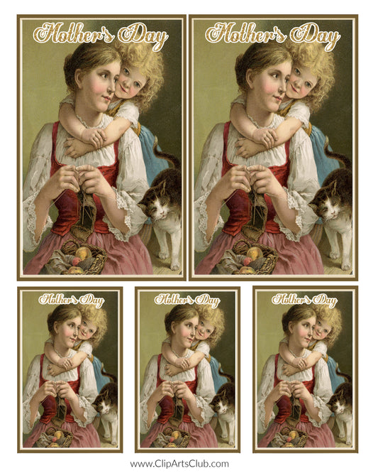Mother's Day - Mother & Child Knitting Vintage Postcard Collage Sheet Printable