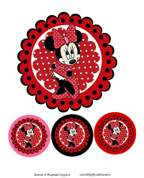 Minnie Mouse Round Banner & Cupcake Toppers Printable - Red