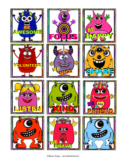 12 Monsters - Inspire your Children with these sweet note cards in their lunch box Printable