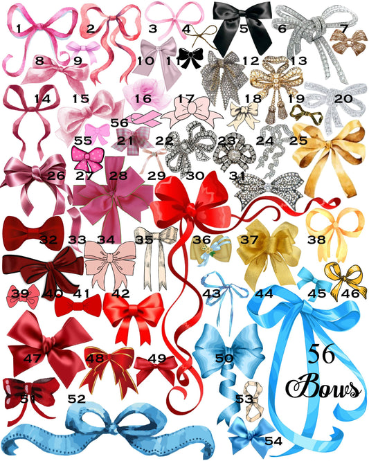 56 Bow Bundle!  56 Separate Bow Images! Satin, Watercolor, Rhinestone, Great Mix!