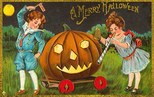 A Merry Halloween Vintage Postcard with Gold Accents