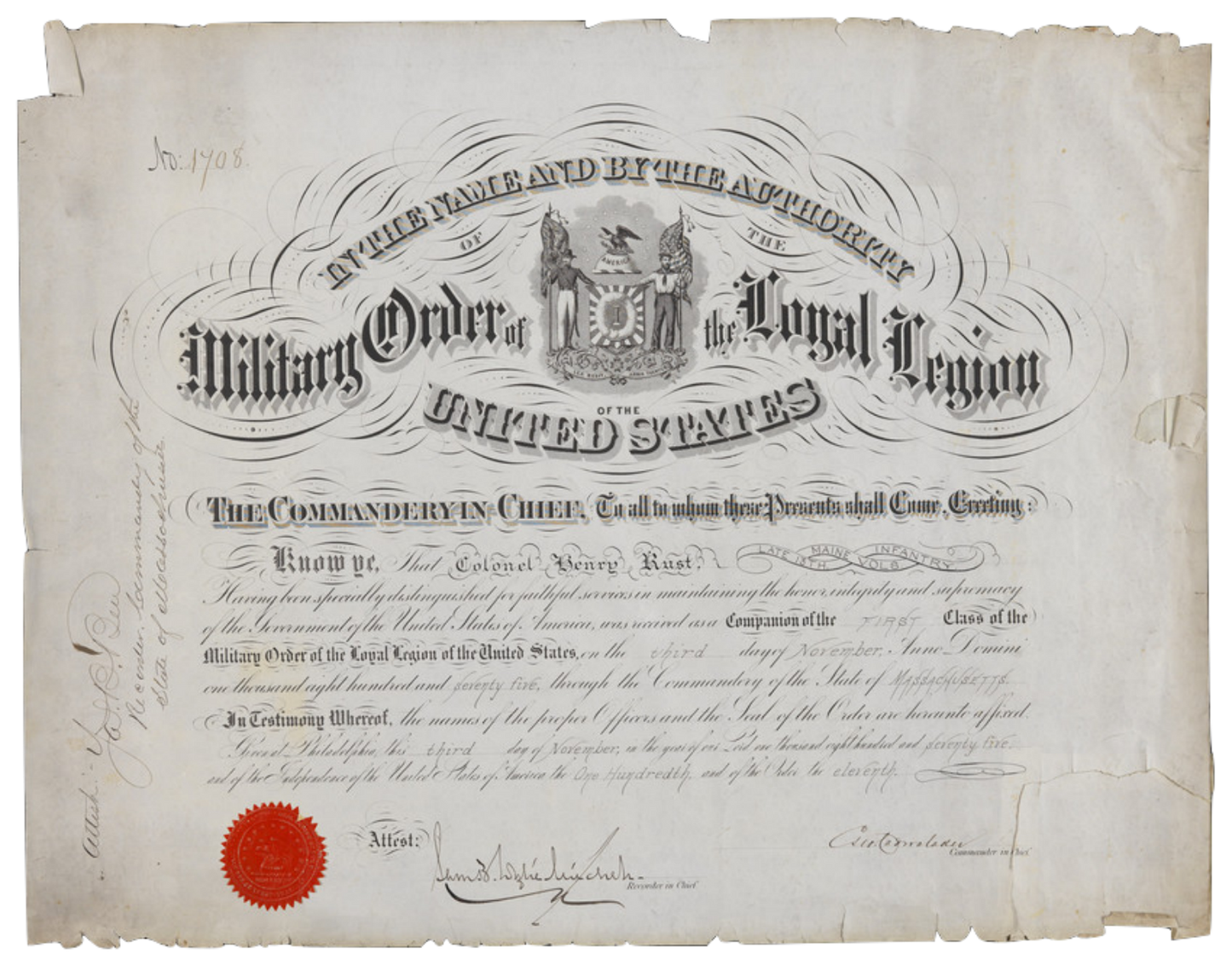 1875 Military Royal Legion Certificate