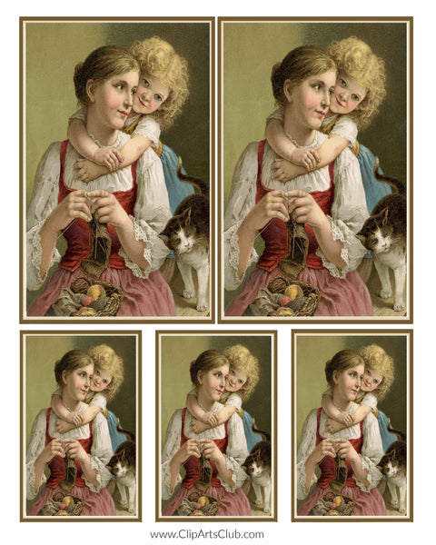 Mother & Child Knitting Vintage Postcard Collage Sheet Printable