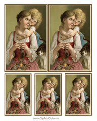 Mother & Child Knitting Vintage Postcard Collage Sheet Printable