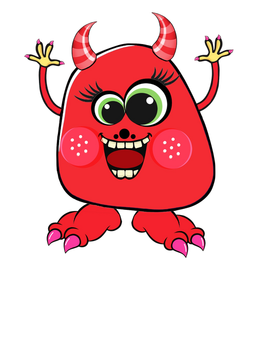 "Ruby" Monster is bright red and all excited & Happy