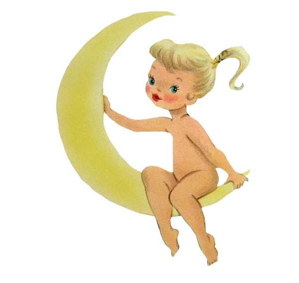 Naked moon girl vintage little girl adorable clip art transparent back