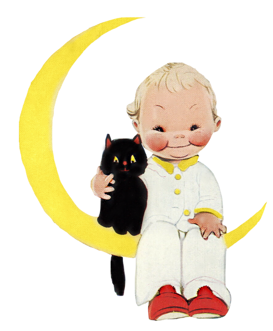Moon Boy with black cat vintage little boy adorable clip art transparent back