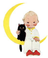 Moon Boy with black cat vintage little boy adorable clip art transparent back