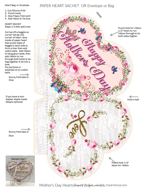 DIY Mothers Day Heart Sachet - Heart Bag or Heart Envelope Craft Printable