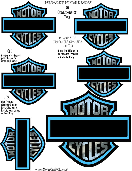 Motorcycle Personalize badges - Tags or Ornament - BLUE - EASY 1 PAGE CRAFT
