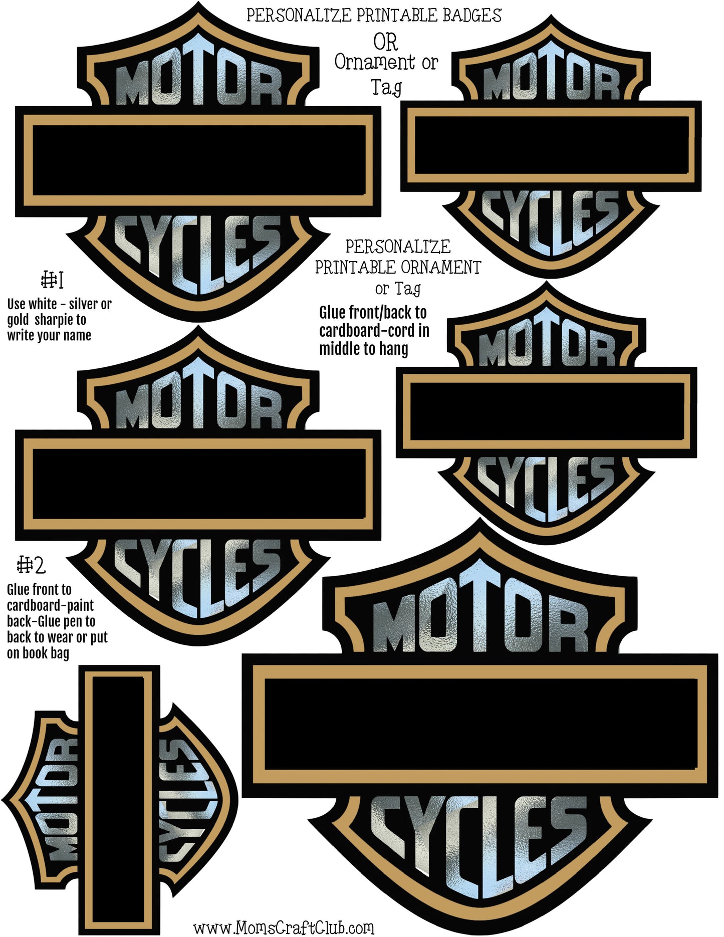 Motorcycle Personalize badges - Tags or Ornament - Gold - EASY 1 PAGE CRAFT