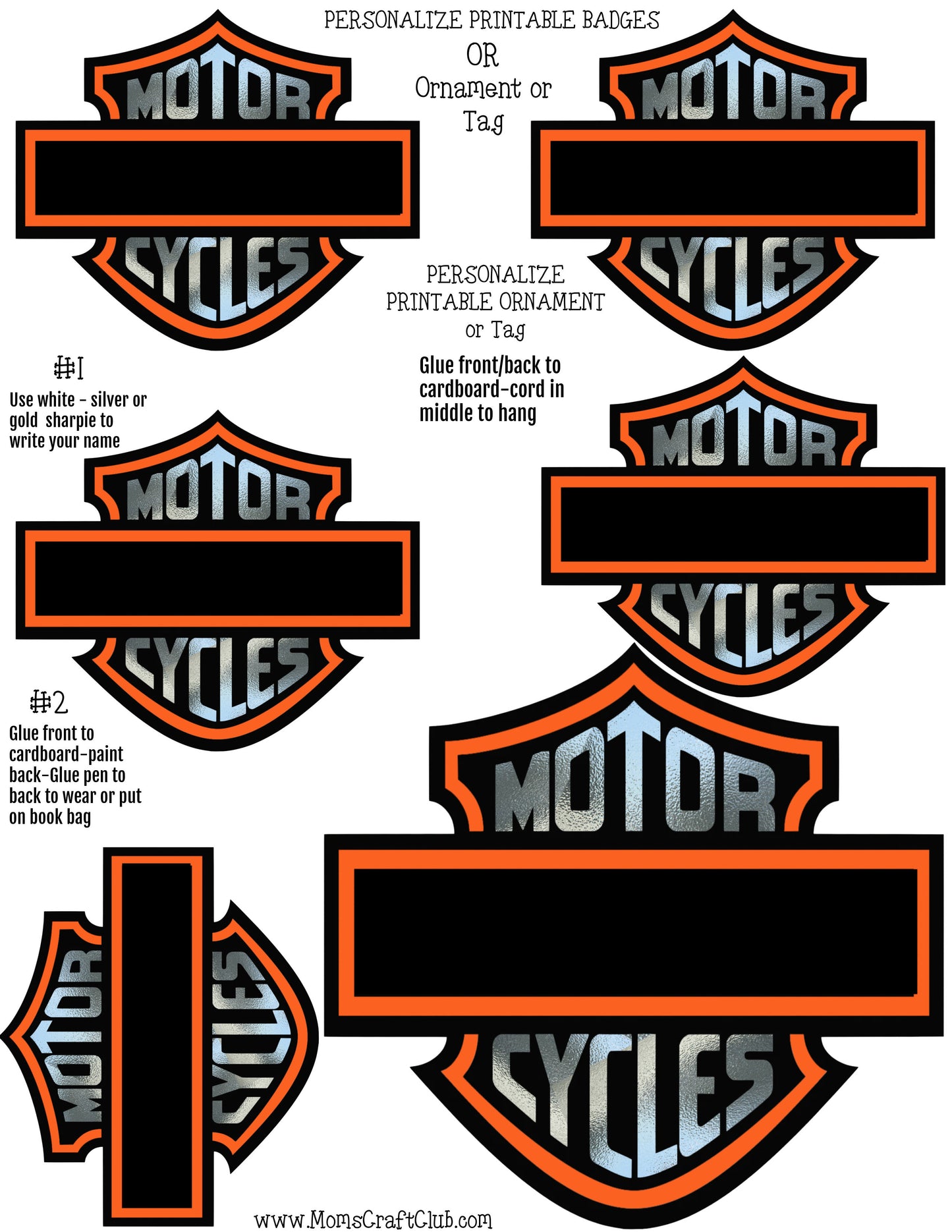 Motorcycle Personalize badges - Tags or Ornament - Orange - EASY 1 PAGE CRAFT