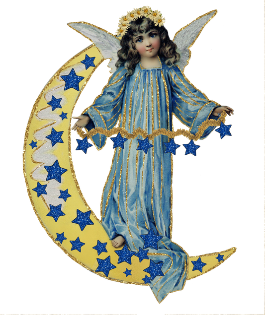 My Beautiful Vintage Moon Angel #2 with blue glitter stars  Clip Art