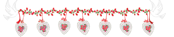 Beautiful Lace Hearts hang from a Red rose garland carried by white doves