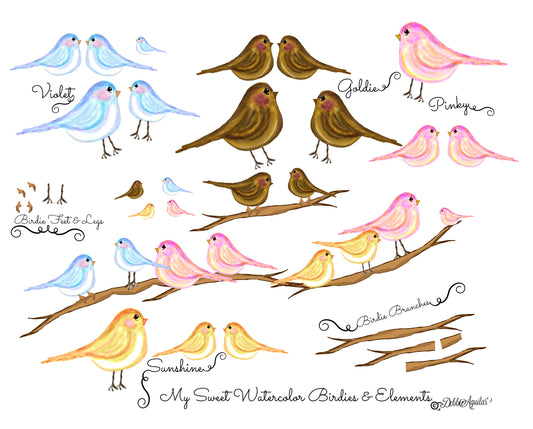 My Watercolor Birdies Kit & Bundle - 4 Birds Pinky, Violet, Goldie & Sunshine