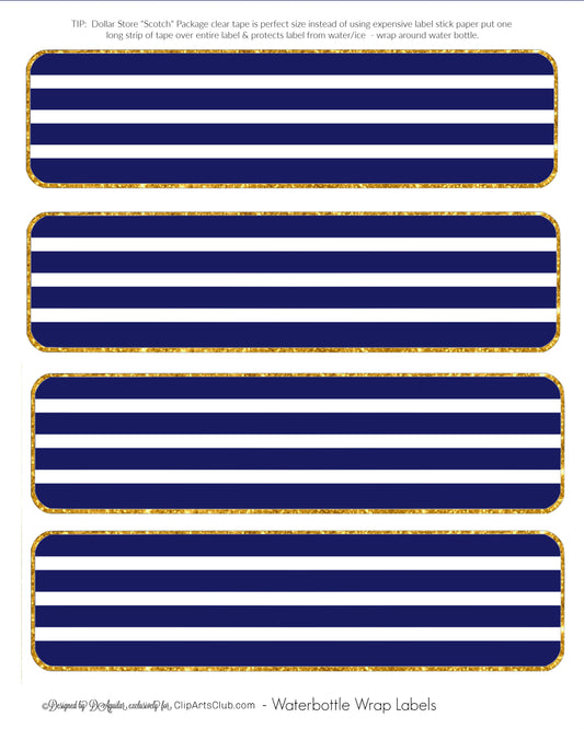 Navy, White, Gold Trim Striped Water Bottle Labels Easy To Personalize