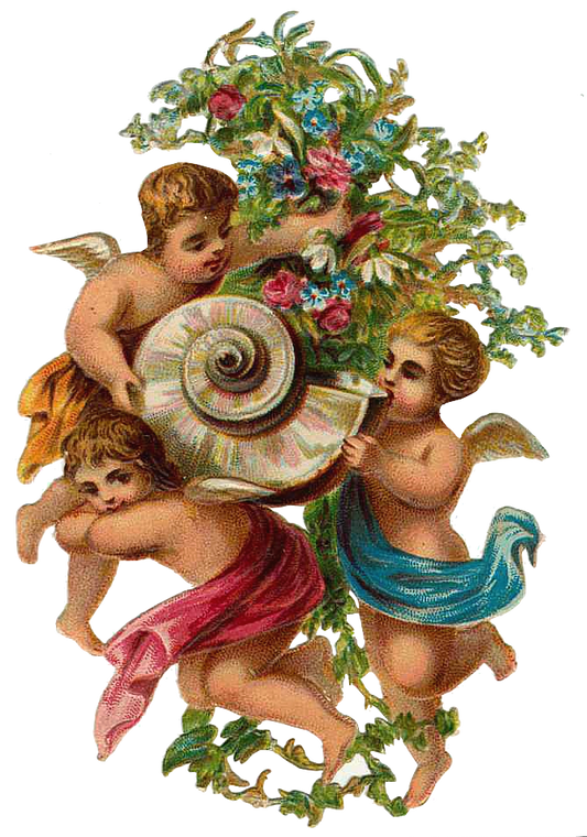 Antique Angels with shell & flowers